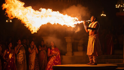 Mesmerizing Fire Show Performance by a Talented Artist at a Traditional Celebration