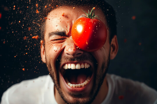 Men in a tomato flying at him, Tomatina celebration. Tomato fight.
