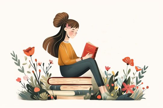 Minimalist isolated illustration of girl reading a book while sitting on a stack of books, surrounded by flowers. Concept for National book lovers day, the joy of reading and learning.