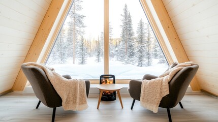Two comfortable chairs sit beside a window, offering a view of tranquil snow-covered trees during winter at a secluded retreat
