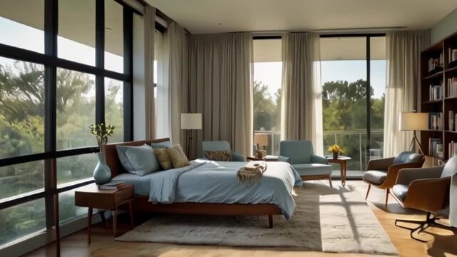 master bedroom with floor-to-ceiling windows. Show a king-sized bed with light blue and gray bedding, and pan over to a sitting area with a mid-century modern chair and a small library