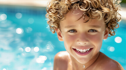 Cheerful young child with curly hair is grinning widely, peacefully resting by a sparkling pool