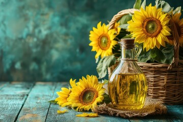 A glass bottle of sunflower oil sits on a rustic wooden table, next to a basket filled with vibrant sunflowers.







