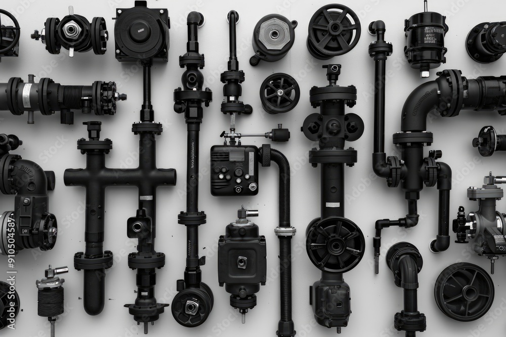 Poster image shows multiple types of pipes and valves, suitable for use in illustrations about industry, te