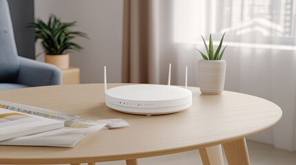 A modern wireless router rests on a closed book, accentuated by potted green plants in a cozy home office environment