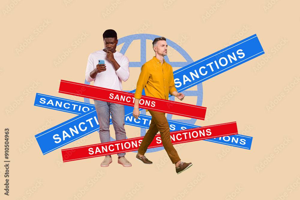 Wall mural Collage man walk step go sanctions block limits prohibition web internet online smartphone digital device gadget drawing background