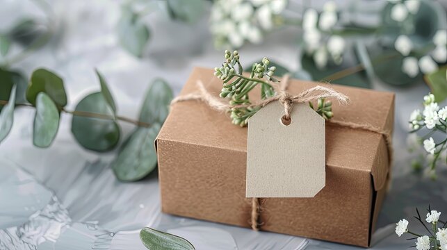 A brown box with a tag on it and a green leaf on top. the box is tied with a string