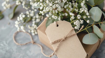 A brown box with a white tag tied to it.