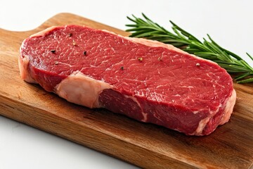 A raw New York strip steak sits on a butcher block cutting board, accompanied by sprigs of fresh rosemary.







