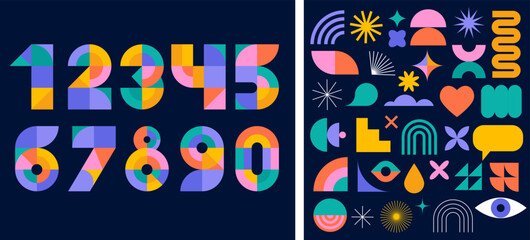 Anniversary concept design. Modern geometric style. Fireworks and celebration colorful background, set of numbers