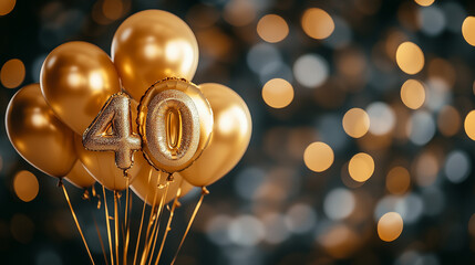 Gold 40th Birthday Balloons with Bokeh Lights