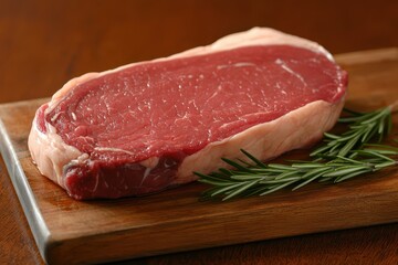A raw New York strip steak sits on a butcher block cutting board, accompanied by sprigs of fresh rosemary.






