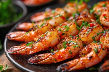 Spicy grilled prawns served with a dipping sauce, ready to enjoy.






