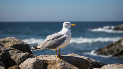 Fototapeta premium Seagull Mid-Call on a Rocky Seaside Outcrop