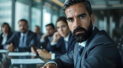 Businessman in a boardroom meeting with a serious and thoughtful expression