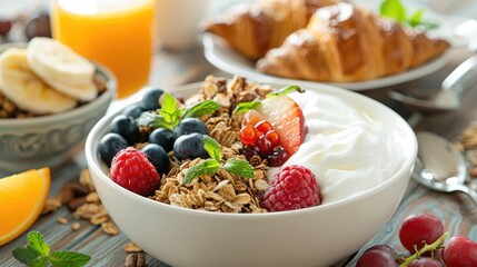 A bowl of cereal with blueberries and strawberries and a glass of orange juice. The bowl is on a wooden table