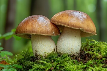 Two brown and white mushrooms sprout from the forest floor, surrounded by vibrant green moss. The bright, natural lighting makes this an ideal stock image.






