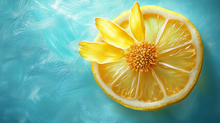 Lemon Slice with Yellow Petals on Aqua Background