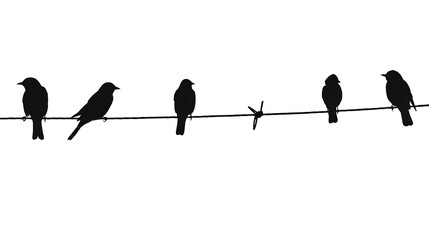 Silhouette birds on wire cable on white background.