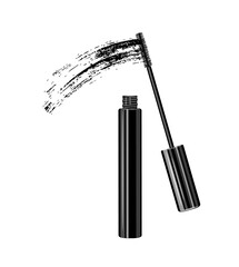 Mascara with a brush and a black stroke in a cartoon style. Vector illustration of mascara tube with brush, mascara stroke isolated on white background. Logo. Makeup. Design element.