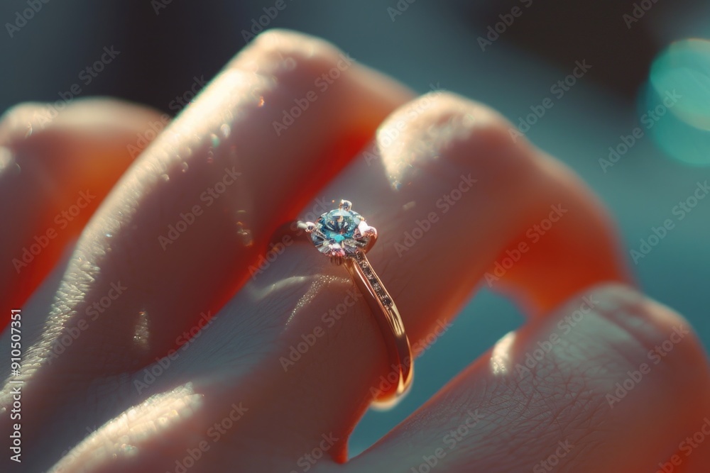 Poster Close-up shot of a person's hand holding a diamond ring, ideal for jewelry or luxury related uses