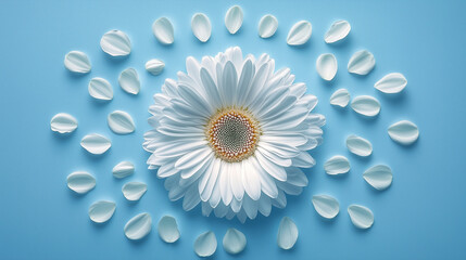White Daisy and Scattered Petals on Blue