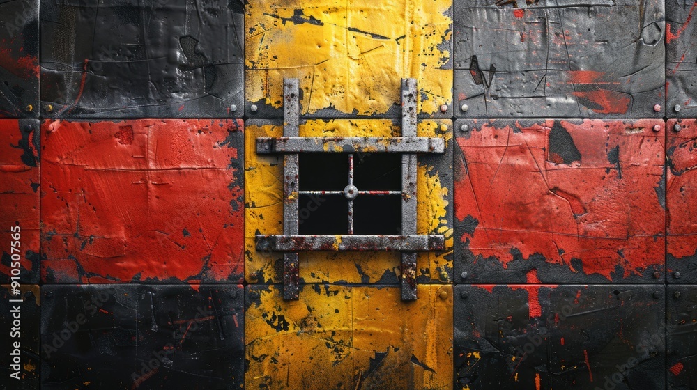 Poster close-up shot of a yellow and red brick wall with a single window