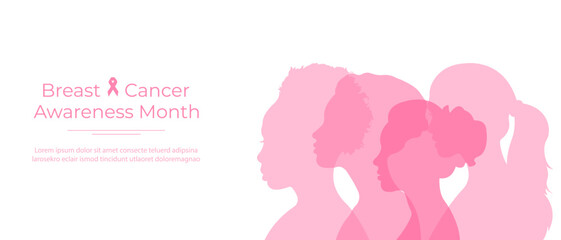 Breast Cancer Awareness Month.Banner with silhouettes of women standing side by side and space for text.Vector illustration.