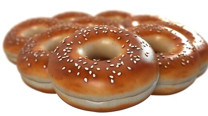   Group of bagels stacked atop doughnuts on white surface