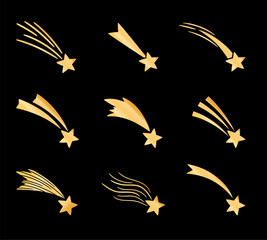 Golden shooting stars with beautiful tails on a black background © ssstocker
