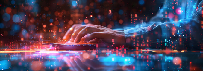hands typing on a keyboard in front of a monitor displaying big data. Double exposure of data and graphs internet theme hologram. Banner. Space for text.