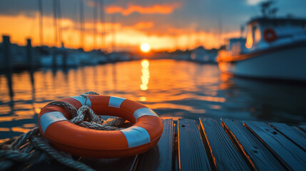 Lifebuoy on Dock at Sunset Marina