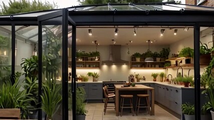 Walk through a greenhouse-style kitchen extension with glass walls and a ceiling, filled with aromatic herbs and hanging plants. Show the seamless integration with the outdoor patio area