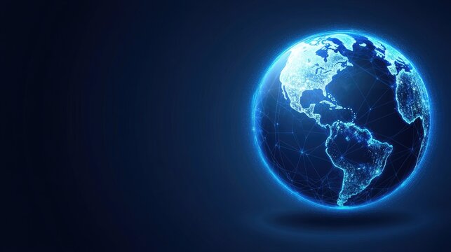 The globe is illuminated with digital connections, showcasing global data networks in a striking blue color against a dark background