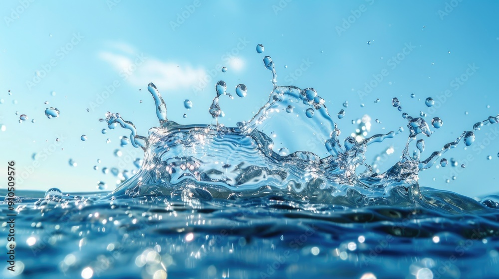 Poster a droplet of water splashing onto the surface of the ocean, with waves and foam in the background