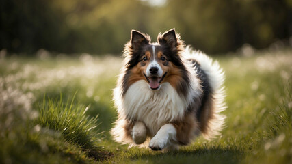 Joyful Shetland Sheepdog Running in Sunlit Field