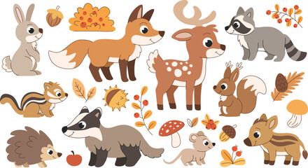 Obraz premium Cute childrens forest animals set. Autumn forest animals and elements. Deer, fox, raccoon and other animals. White background.