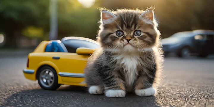 cat on the street, cute kitten sitting by toy car looking surprised and adorable