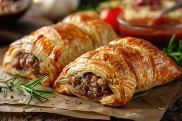 Three meat filled pastries on a table. The pastries are brown and have a savory filling