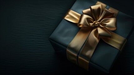 Dark gradient gift box with elegant gold ribbon on dark background