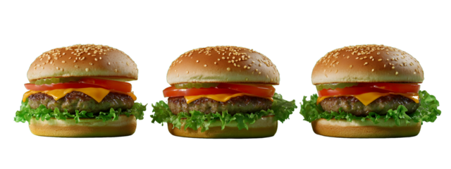 3 separate hamburger, should feature a juicy, perfectly cooked beef patty, fresh lettuce, ripe tomato slices, melted cheese, crispy bacon, pickles, and a dollop of special sauce