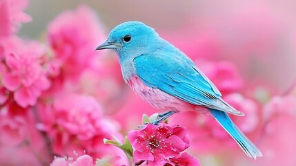 Fototapeta premium A blue bird perches on a pink tree branch, surrounded by clear pink flowers in the foreground and a pinkish backdrop