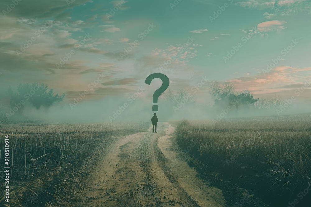 Poster a person stands on a dirt road marked with a question mark, uncertainty and curiosity expressed