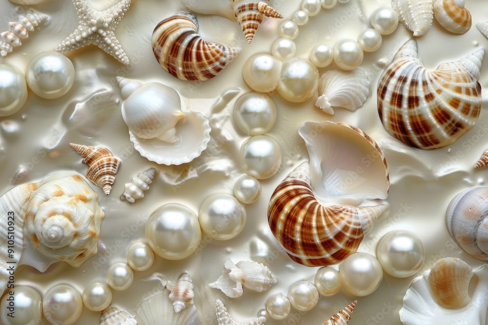 Poster A collection of seashells and pearls displayed on a table