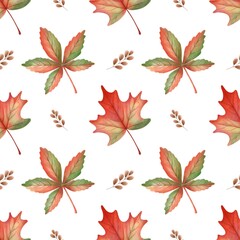  Watercolor seamless pattern autumn.Dry leaves  decoration.