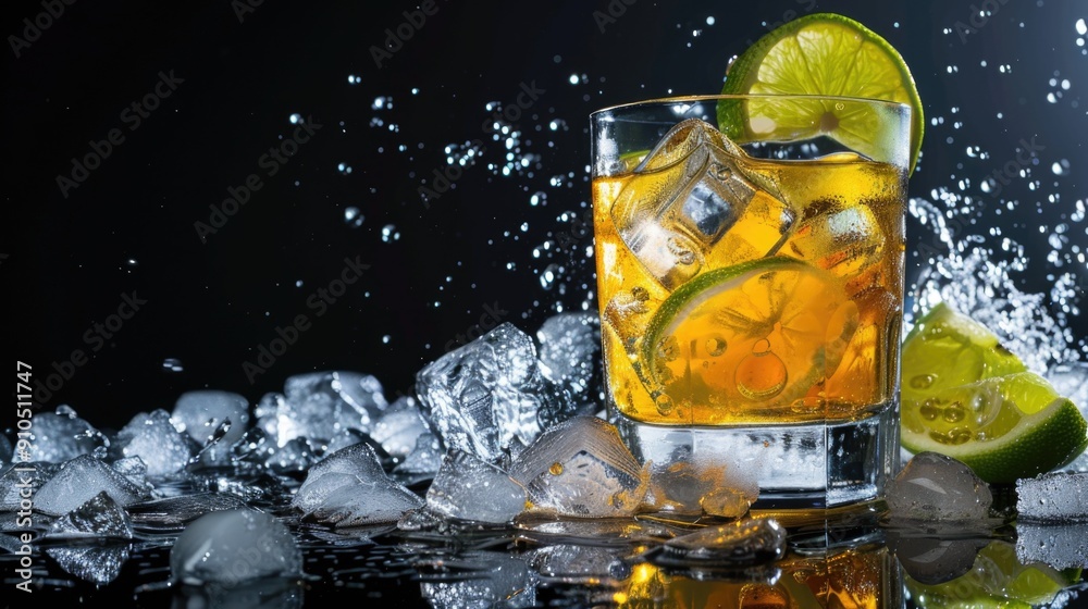 Poster a glass of gin and tonic with ice and lime slices, perfect for a relaxing evening