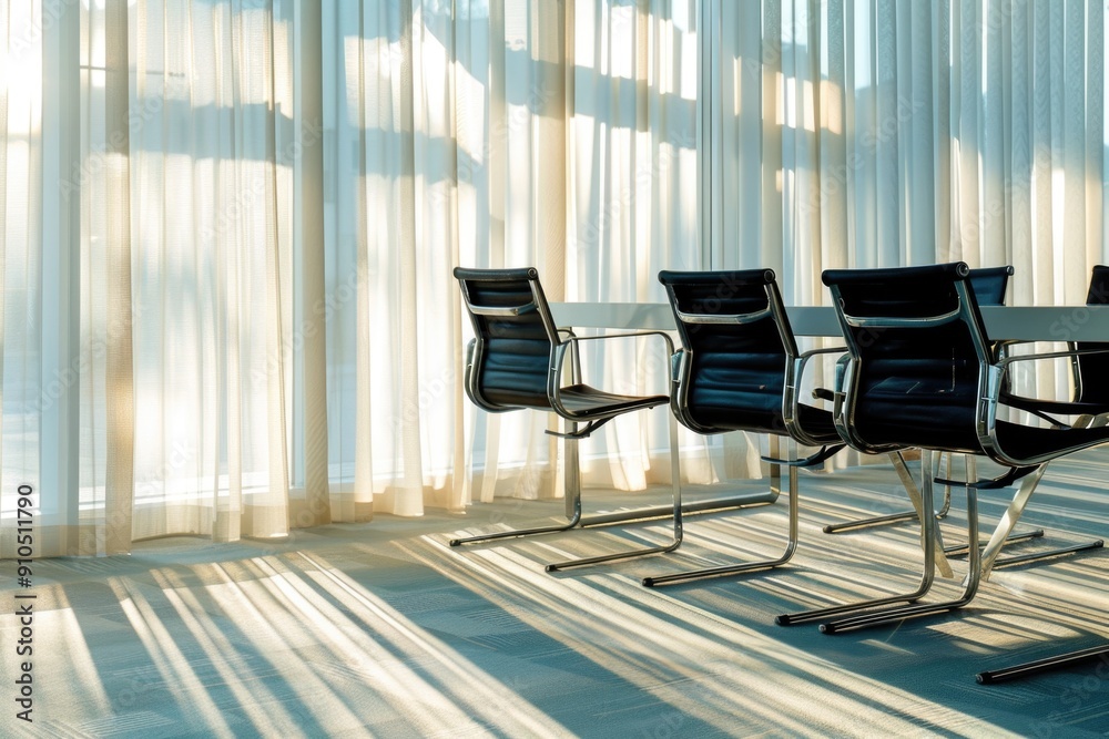Poster a group of chairs sitting next to each other in front of a window, perfect for interior design or of