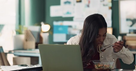 Employee, woman and eating in office with laptop for break, lunch and healthy meal with smile. Female person, food and spaghetti with research on internet as website designer with takeaway and happy - Powered by Adobe