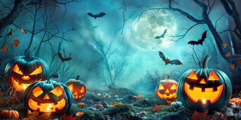 Eerie Halloween scene featuring glowing Jack O'Lanterns with spooky faces, dimly lit forest backdrop, moonlit night filled with bats and fallen leaves, copy space