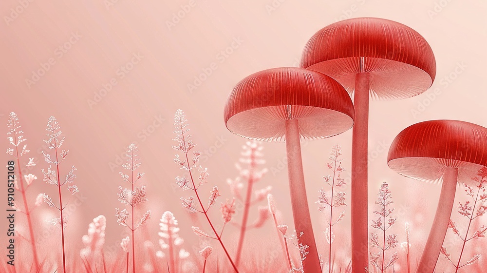 Wall mural  Red mushrooms on a green field with tall grass on a pink background